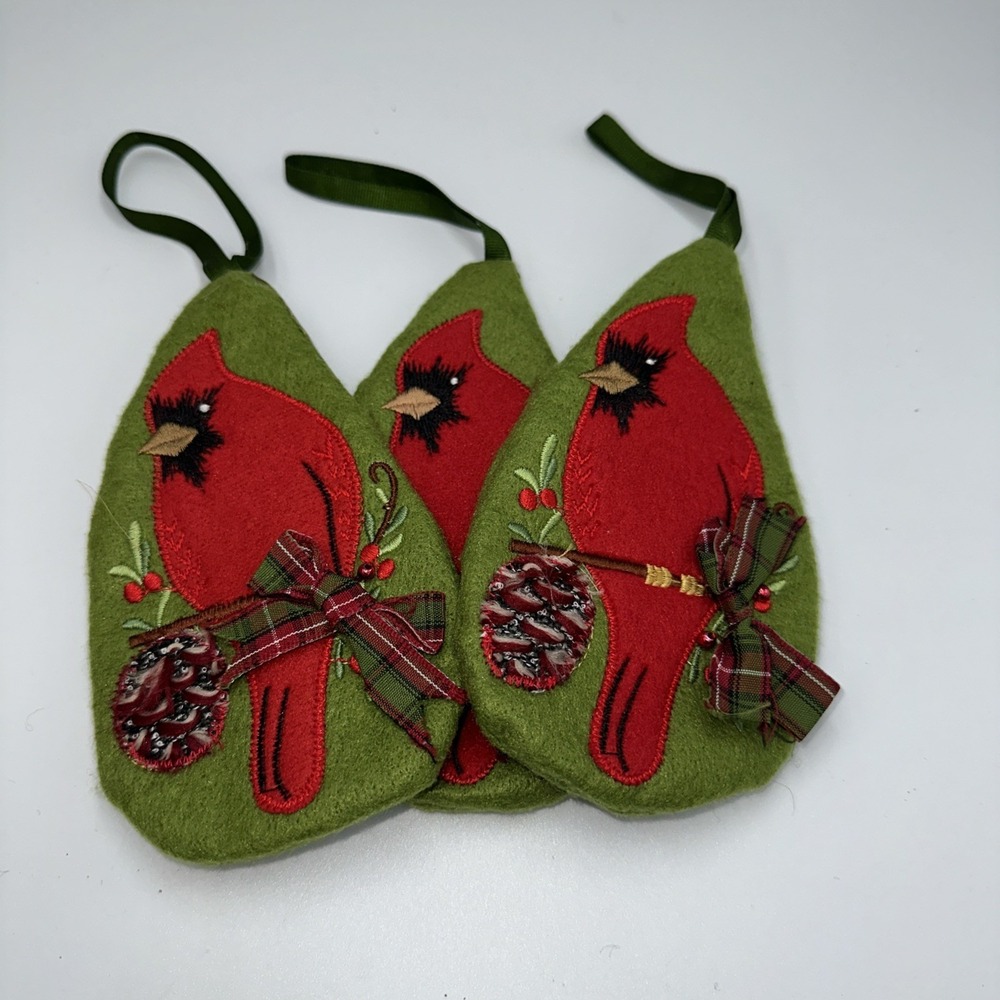 Set of 3 Felt Cardinal Christmas Ornament Gift Card Holder Pocket‎ Rustic Green